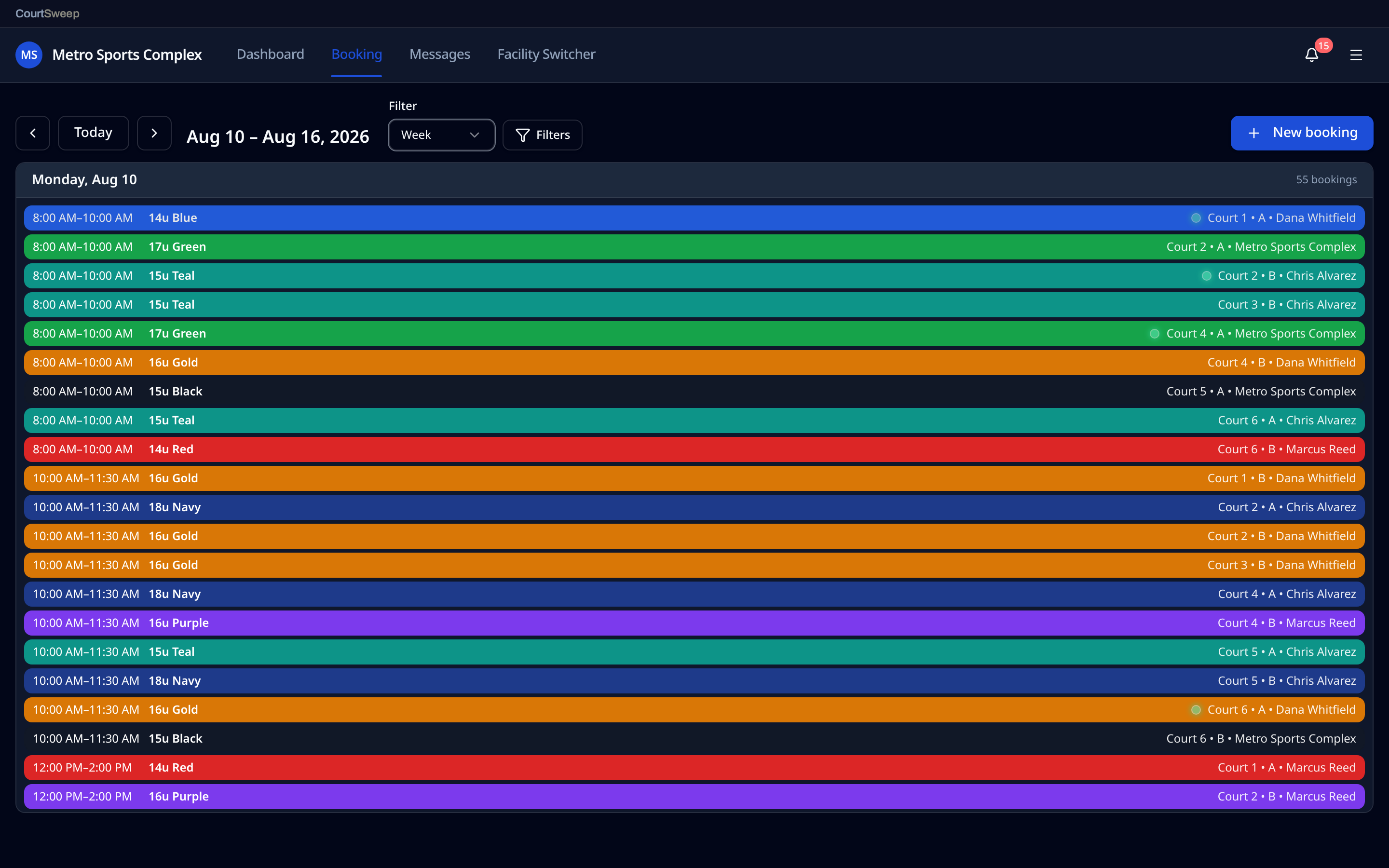 CourtSweep week view listing an entire week of team bookings